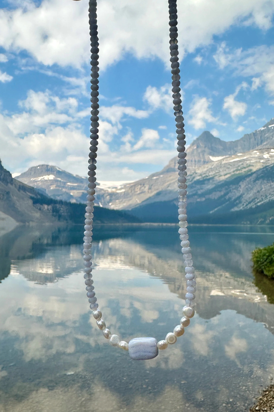 Sky - Blue Lace Agate & Freshwater Pearl Gemstone Necklace 22in